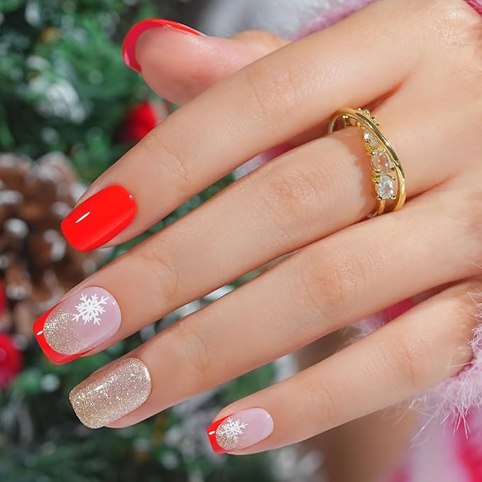 Christmas Press On Nails Short - Jofay Fashion French Tip Press On Nails, Acrylic Fake Nails with Snowflakes and Gold Glitter, Reusable False Nails Glue On Nails for Women 32Pcs in 16 Sizes