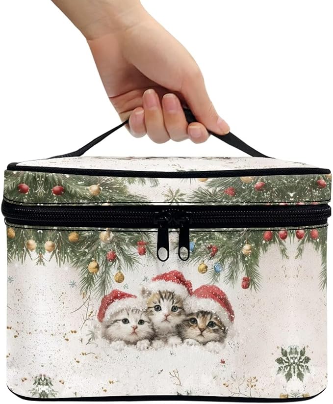 Cute Cats Travel Makeup Bags for Women Portable Tote Cosmetic Case with Carry Handle Toiletry Accessories Storage Organizer Bags for Christmas, White