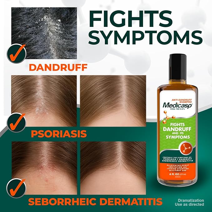 Medicasp Anti-Dandruff Shampoo and Massager Kit – Coal Tar for Dandruff, Psoriasis, and Seborrheic Dermatitis, Scalp Massager Brush for Exfoliation and Care, 6 fl oz