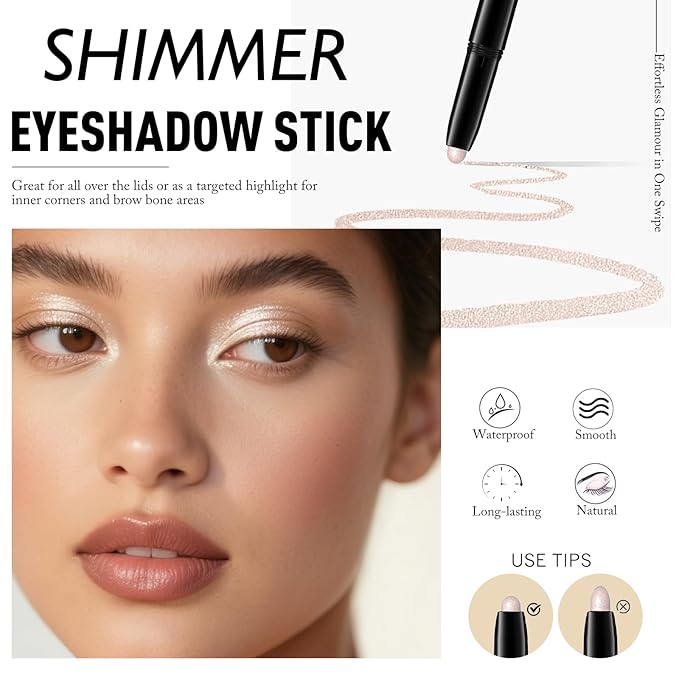 Eyeshadow Stick Shimmer Waterproof Long Wear Eye Brightener Cream to Powder Glitter Eye Shadow Crayon High Pigmented Highlighter Eye Liner Pencil Makeup Crease-Proof Buildable Color, 6 OYSTER