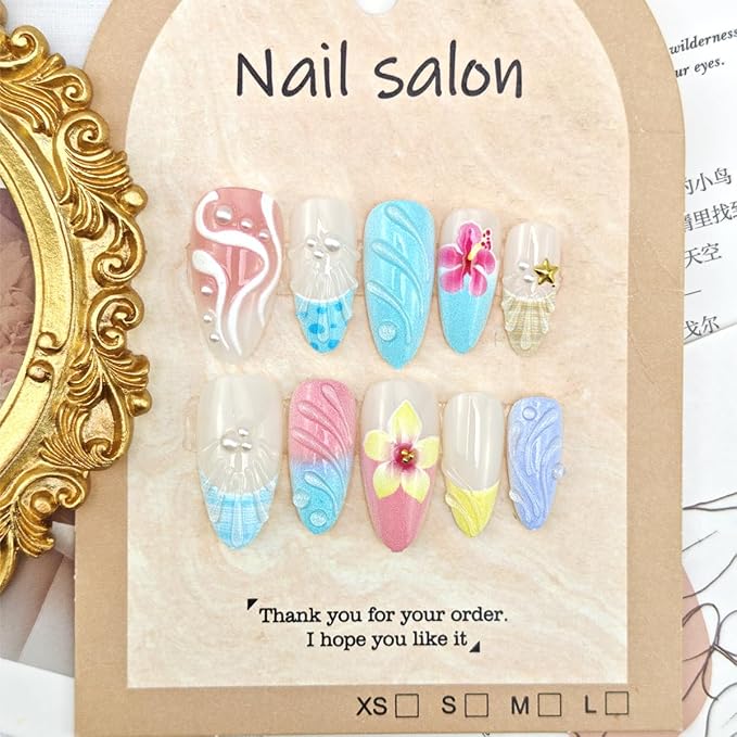 24Pcs Flower Press on Nails Medium Almond Fake Nails Flowers Sea Shell Pearl Rhinestones Glitter Design Full Cover Blue French Tip Stick on Nails Summer False Nails for Women Girls Acrylic Nail Art