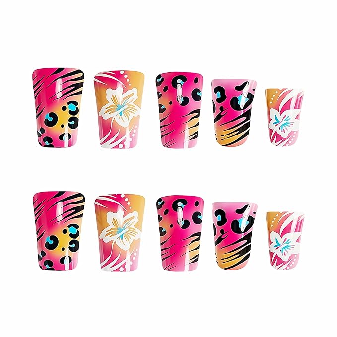 BABALAL Duck Nails Press on Fake Nails Hot Pink Glue on Nails Cheetah Y2k Acrylic Nails Hottie Gyaru False Nails with Flower Design 24Pcs Glossy Manicure Duck Bill Stick on Nails for Women Girls