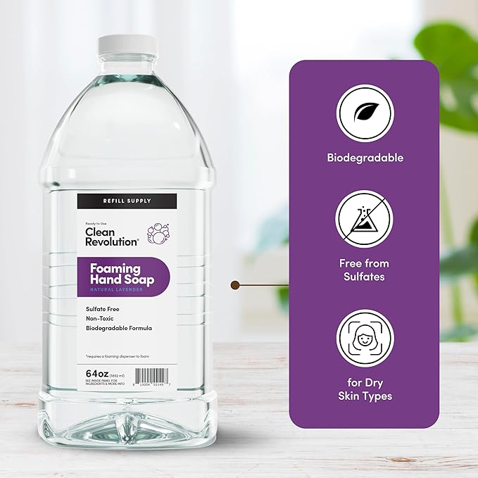 Clean Revolution Foaming Hand Soap Refill Supply Container, Ready to Use Formula, Natural Lavender Fragrance, 64 Fl Oz (Pack of 1)