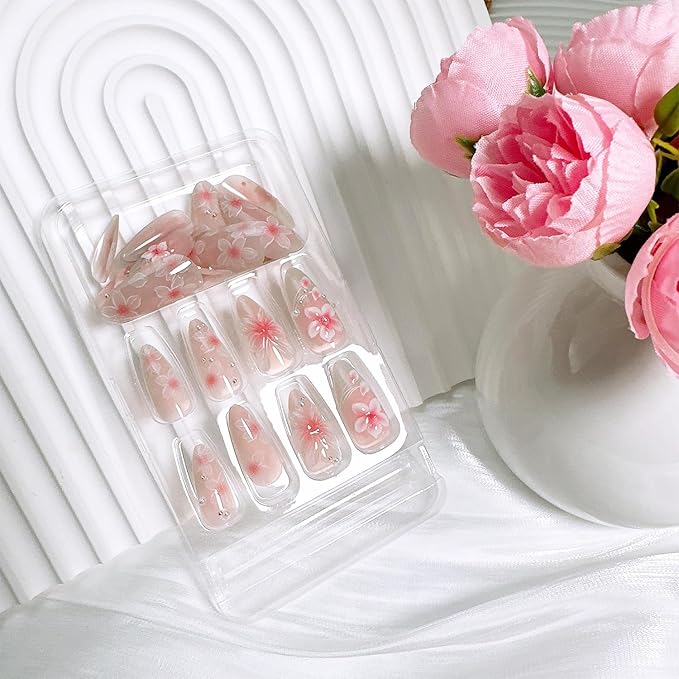 24pcs Pink Flower Press on Nails Medium Almond Fake Nails with 3D Butterfly Pearl Designs Cute Floral False Nails Kit Flowers Acrylic Nail Tips Full Cover Stick on Nails for Women Nail Art Decoration