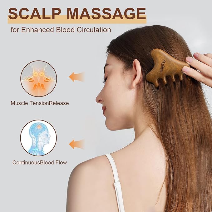 MoyRetty Green Sandalwood Gua Sha Facial Tool(4-in-1), Natural Wooden Face & Body GuashaMassager, Lymphatic Drainage Massage Comb with Storage Pouch, Jawline Shaper