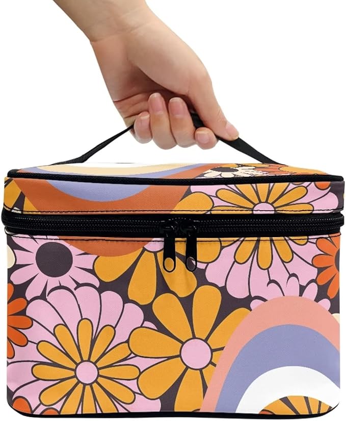 Hippie Daisy 70s 80s Wavy Swirl Design Makeup Bags for Women Large Capacity Toiletry Organizer Bags Portable Tote Cosmetic Pouch with Carry Handle and Brushes Slots Travel Sccessories