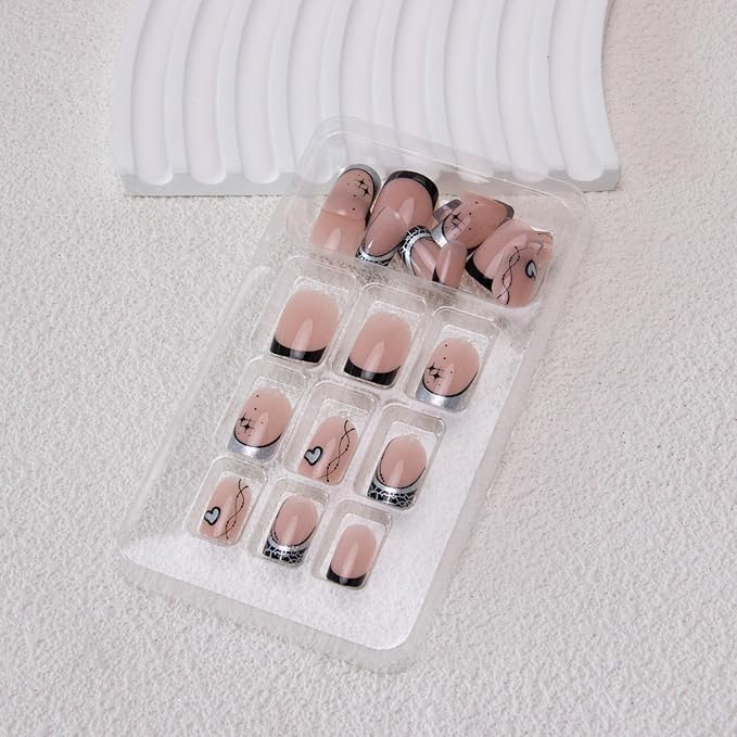 French Tip Press on Nails Short Square Fake Nails Heart Star Acrylic Nails Black False Nails Press ons Glossy Glue on Nails Stick on Nails Cute Artificial Nails for Women Girls Manicure 24Pcs