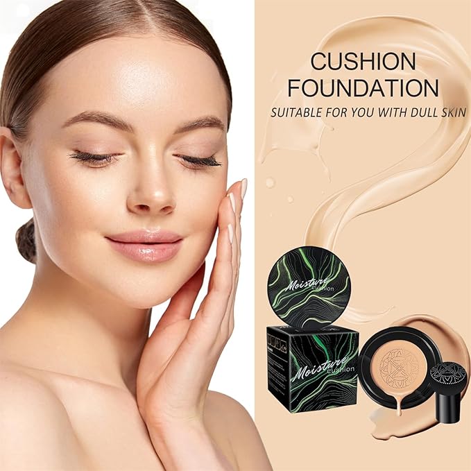 OETUIOW Mushroom Head Air Cushion CC Cream with Setting Powder Makeup Set, Controls Shine & Smooths Complexion, Blurs Fine Lines & Imperfections, Even Skin Tone for All Skin Types (Natural Color)