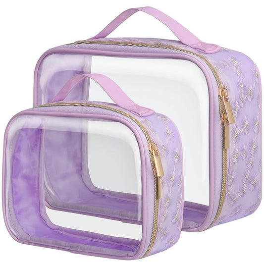 PACKISM Floral Texture Lace TSA Approved Toiletry Bag - 180° Opening Clear Makeup Bags in 2 Size, Clear Toiletry Bags with Handle, 0.5 mm Thick Non-deformable No Smell, Purple