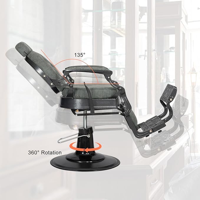 Winado Heavy Duty Vintage Recline Barber Chair Hydraulic with Headrest, Supports up to 700lbs & 360° Rotatable, Professional Salon Beauty Spa Shampoo Equipment (Grey - Button Style)