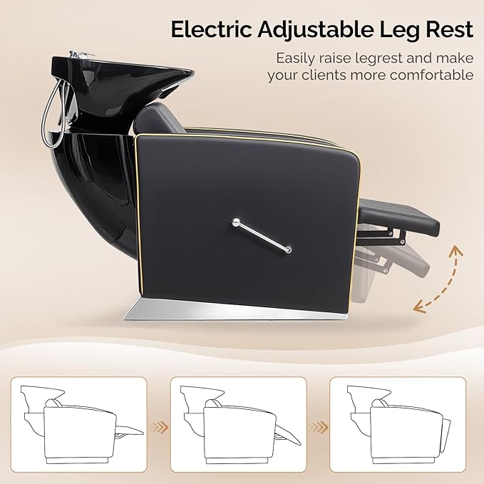 OmySalon Backwash Shampoo Unit for Salon, Hair Washing Station with Ceramic Bowl Adjustable Footrest, Reclining Shampoo Chair for Beauty Spa Barbershop