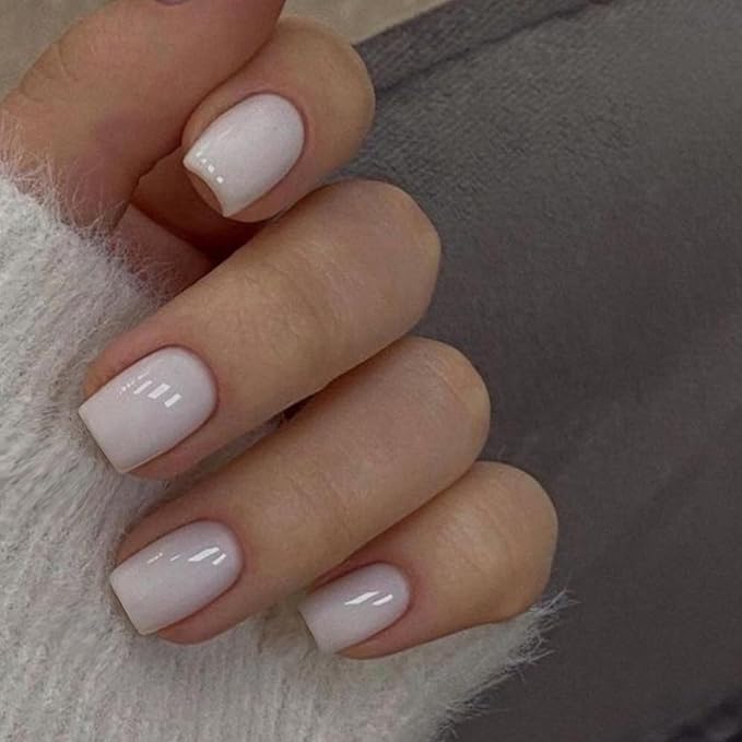 All White Press On Nails Short Square Nails Press on Acrylic Nails for Women, KQueenest Solid Color Glue on Nails Short Fake Nails for Girls Thick Press on Gel Nails Petite Come-Ready Glazed Nails