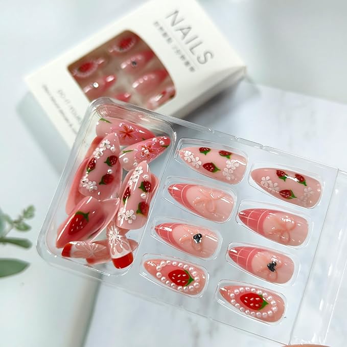 24Pcs Strawberry Press on Nails Medium Almond Fake Nails with 3D Pearl Designs Pink French Tip Acrylic Nail Cute Flower Bow False Nail Summer Glue on Nails for Women DIY Manicure