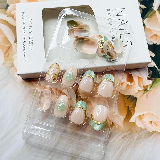 24Pcs Short Almond Press on Nails Green French Tip Fake Nails Chrome Line Leaves Designs Glossy Acrylic Nails 3D Gold Flower Nails Artificial Oval Almond Nail Tips False Nails Glue on Nails for Women