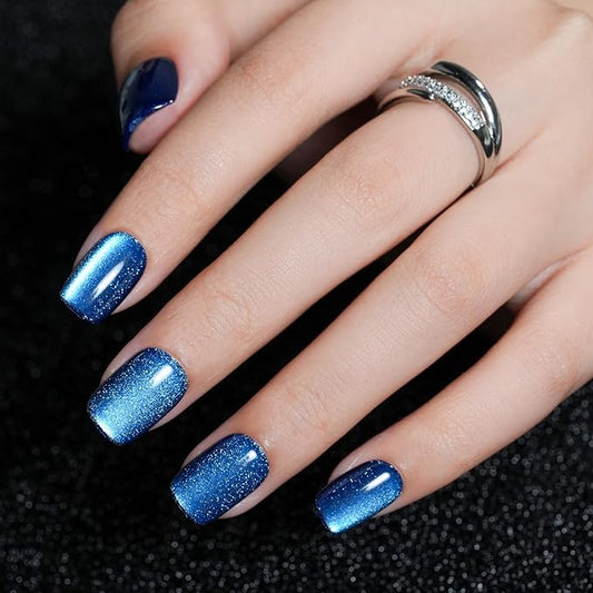 Press on Nails Short Square, Jofay Fashion Blue Cat Eye Press on Nails, Soft Gel Fake Nails, Reusable & Natural Acrylic False Nails, Stick on Nails for Women Girls Gift, Glue on Nails Kit 32 Pcs