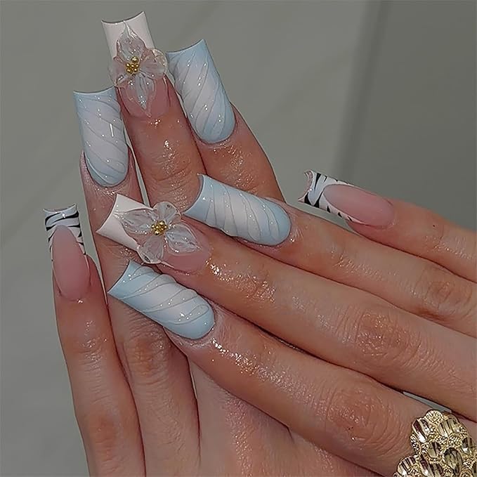 24Pcs Blue White Gradient Press on Nails Long Square Fake Nails with Zebra Stripe Designs French Tip False Nails 3D Flowers Water Ripple Glue on Nails Summer Reusable Stick on Nails for Women Girls