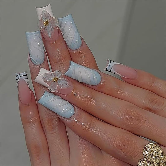 24Pcs Blue White Gradient Press on Nails Long Square Fake Nails with Zebra Stripe Designs French Tip False Nails 3D Flowers Water Ripple Glue on Nails Summer Reusable Stick on Nails for Women Girls