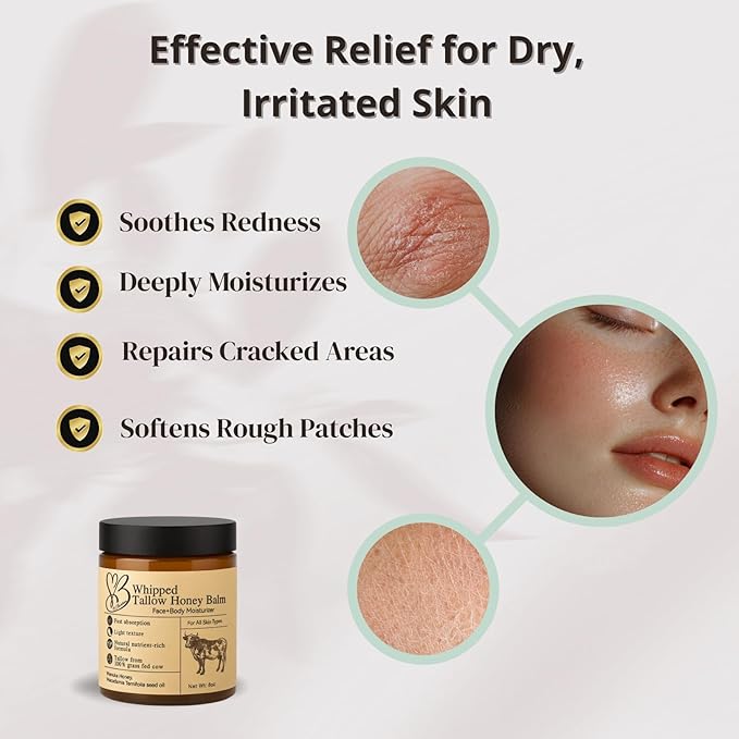 Beef Tallow for Skin- Tallow Balm for face- Tallow Face Moisturizer - Beef Tallow Moisturizer- Tallow and Honey Balm - Grass Fed Beef Tallow For Skin - Tallow Face Cream Lotion (8.0 oz)