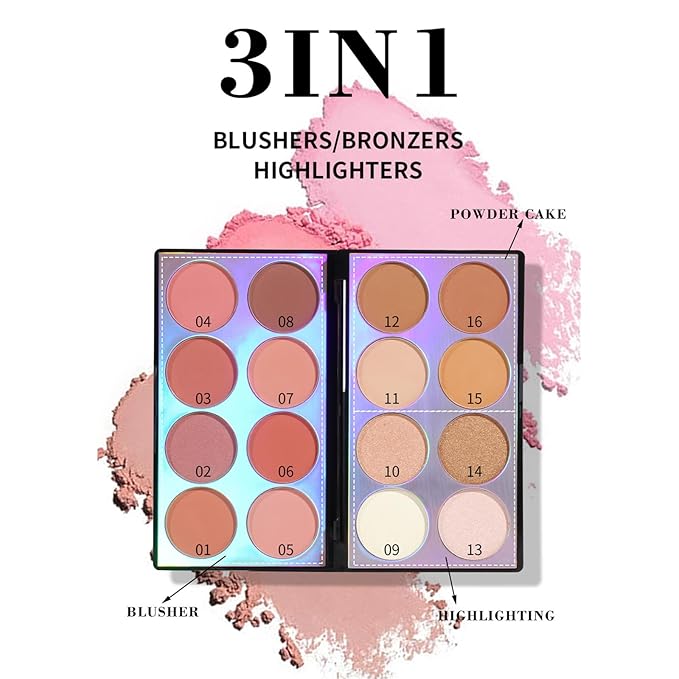 Blusher Contour Highlighter Makeup Palette, 16 Color All-in-One Matte- Bronzer Facial lluminator Palette with Makeup Brush, Long Lasting and Soft Powder, Pro Makeup Powder Kit