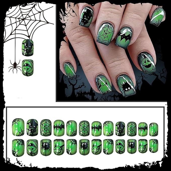 Green Press on Nails Halloween Fake Nails Short Square False Nails Black Spider Web Ghost Pumpkin with Hat Design Cute Gradient Stick on Nail for Women DIY Holiday Manicure Supplies