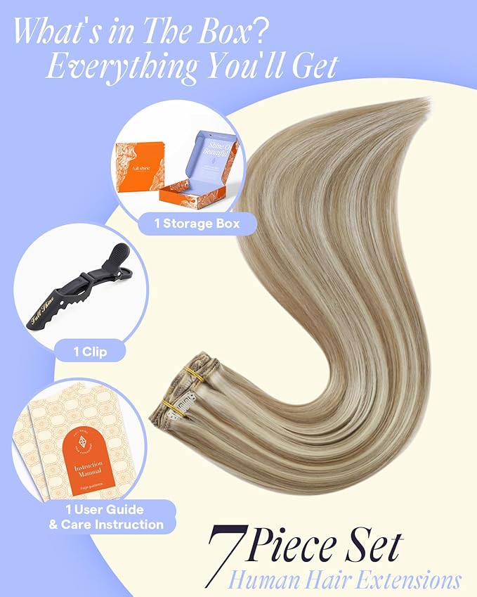 Full Shine Clip in Extensions Blonde Human Hair Highlight Clip in Hair Extensions Dark Blonde Mix Light Blonde Real Human Hair Extensions Clip ins 16 Inch 7 Pcs 135 G