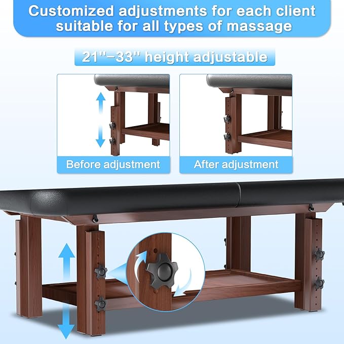 Massage Table 31IN Wide with Hight Adjustable Legs and Backrest for Treatment, Black PU Leather Professional Spa Bed Load1500 LBS, Spa Table with Storage for Footmassage Facial CareSpa Tattoo