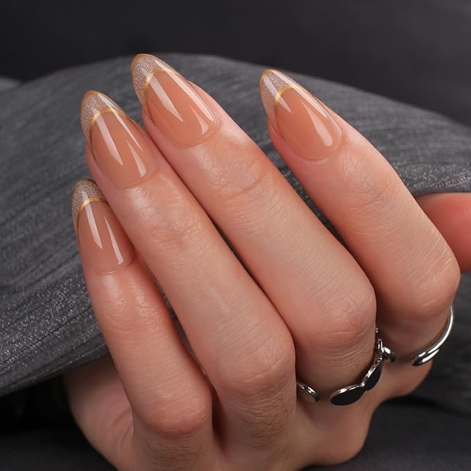 Short Almond Press On Nails – Nude Glitter French Tips with Gold Outline, Glossy Acrylic Fake Nails, Reusable Stick On Nails Kit with Glue for Women, Elegant Shimmery Manicure Set