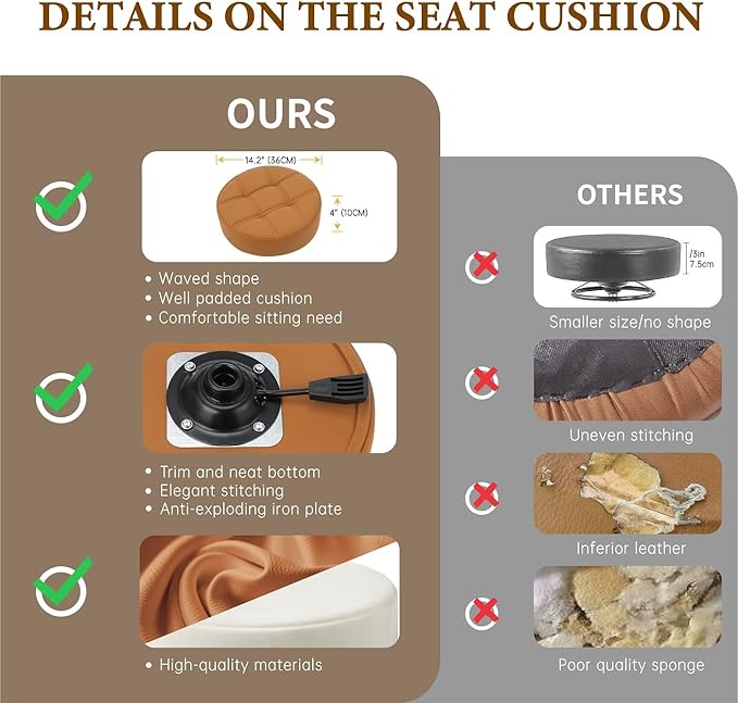 Kaleurrier Adjustable Rolling Stool for Salon: Heavy Duty Swivel Chair with Wheels for Hairdresser Esthetician Lash Tech - Spa Home Office Kitchen Dental Tattoo Shop Use - Seat Height 22”-30” - Camel