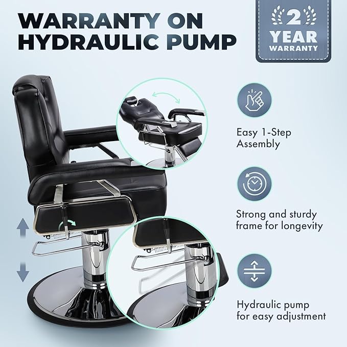 Buy-Rite K.O. Professional Barber Chair - Fully Reclining Hydraulic Barbering Chair with 360° Swivel, Adjustable Headrest, Extra-Wide Seat & 28" Chrome Base for Barbershops, SY-31307