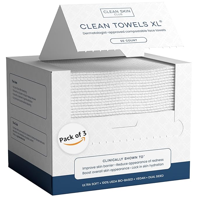 Clean Skin Club Clean Towels XL, USDA Certified 100‪%‬ Biobased Dermatologist Approved Disposable Face Towelette, Facial Washcloth, Makeup Remover Dry Wipes, Ultra Soft, 150 count, 3 pack