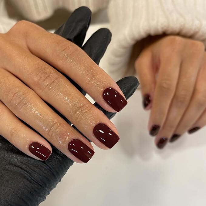 48Pcs Burgundy Red Press on Nails Short Square Fake Nails, Dark Red Glue on Acrylic Nails Stick on for Women, Natural Handmade Thick Extra Short Nails