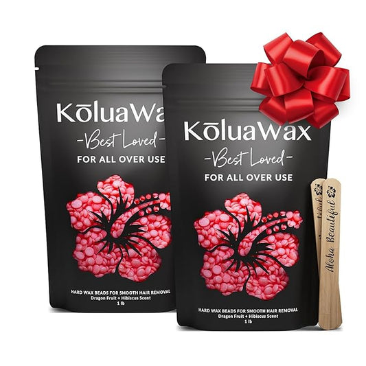 KoluaWax Hard Wax Beads for Hair Removal – Coarse Hair Formula – Face, Brazilian, Underarm, Back Chest, Bikini Waxing – Dragon Fruit & Hibiscus 1lb Refill for Wax Warmers & 10 Applicator Sticks 2 Pack