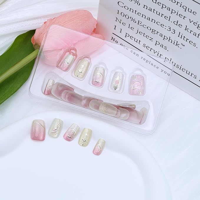 30pcs Pink Press on Nails Short Square Fake Nails with 3D Gold Star Moon Butterfly Designs Glitter Glue on Nails Cute False Nails Pink Full Cover Acrylic Nails Stick on Nails for Women