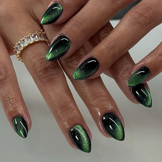 KQueenest Press On Nails Short - Neon Green to Black Press On Nails Almond Shape, Glitter Cat Eye Fake Nails with Nail Glue, Reusable Cute Dark Gel Glue On Nails with Color-Shifting Glow, 30 Pcs