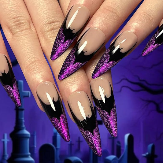 IMRAIN Halloween Press on Nails Long Stiletto Fake Nails Purple Cat Eye French Tips False Nails with Bat Designs Glossy Bling Artficial Glue Stick on Nails for Women 24Pcs