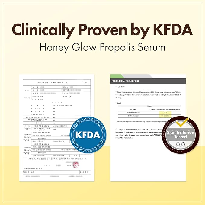 TOSOWOONG Honey Glow 65% Propolis Serum, Hyaluronic Acid, Kojic Acid, Niacinamide, Hydrating Facial Soothing Moisturizer for Irritated Uneven Skin Tone, Glass Skin, Korean Skin Care, 33ml, 1.11 fl.oz.