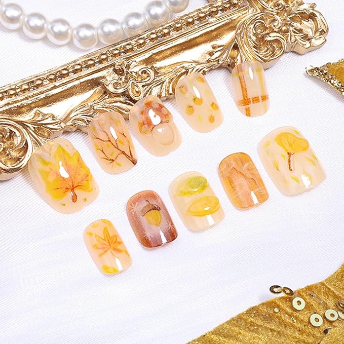 30Pcs Fall Press on Nails Short Square Fake Nails 3D Maple Leaf Glue on Nails Autumn Leaves Pinecone Design Thanksgiving False Nails Fall Artificial Acrylic Nail for Women DIY Holiday Manicure