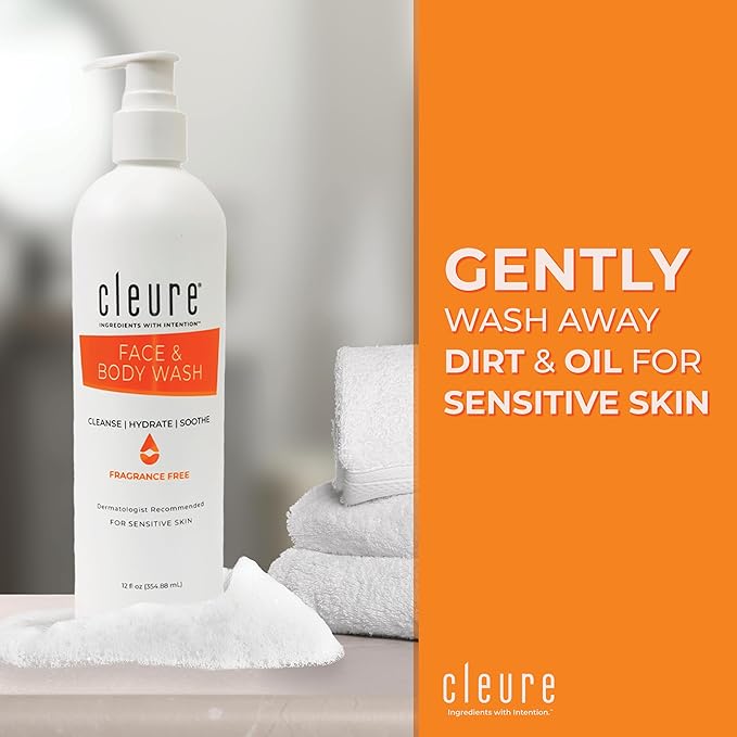 Cleure Face and Body Cleanser - Hypoallergenic, Fragrance-Free Body Wash for Sensitive Skin & Eczema - Paraben & Sulfate Free, PH Balanced Body Soap (12 oz, Pack of 2)