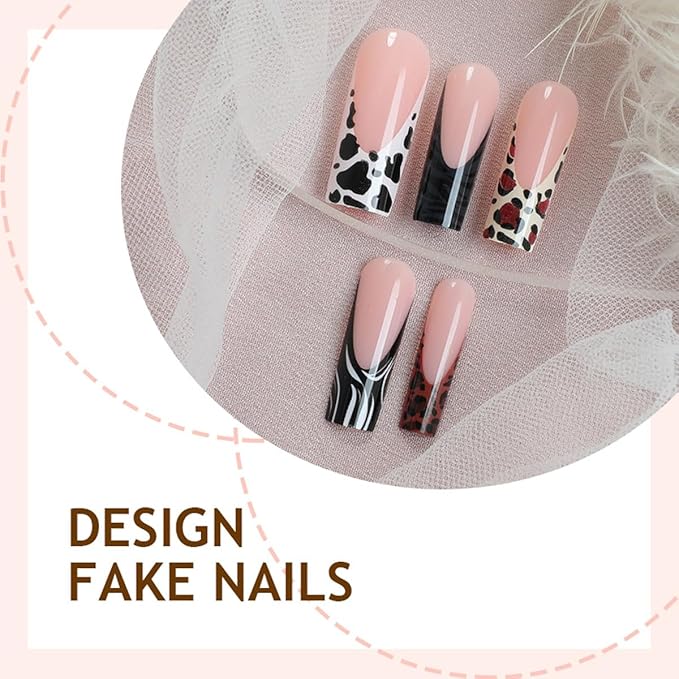Long Square Press on Nails Leopard Print French Tip Fake Zebra Print Design Fall Nails Full Cover Glossy Glue on Nails for Women 24PCS