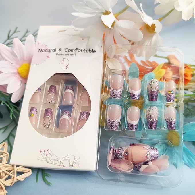 24Pcs French Tips Press on Nails Glossy Purple Glitter Medium Coffin False Nail Rhinestones Acrylic Full Cover Fake Nails Curve Gel Glue on Fingernails Sequin Stick on Nail for Holiday Manicure Art