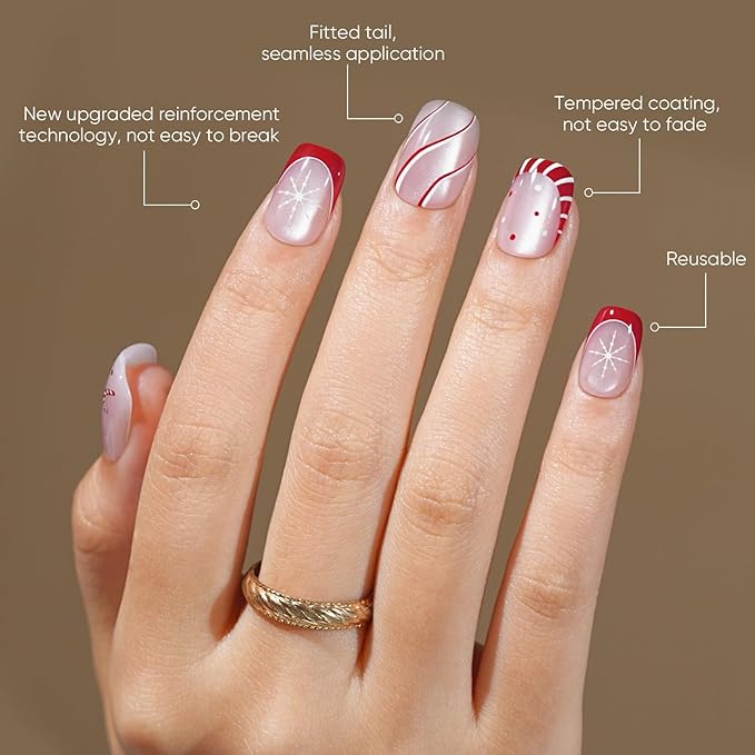 Christmas Press On Nails Short - Jofay Fashion Cat Eye Press On Nails Square, Red Candy Cane Fake Nails with Glue, Glossy Reusable Acrylic Nail Tips in 16 Sizes, Stick On Nails for Women Girls Gift