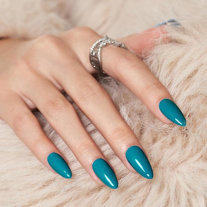 Wooyas Press on Nails Medium, Blue Almond Glossy Handmade Fake Nails Reusable, Fit Perfectly Glue On Nails in 12 Sizes - 24 Pcs Soft Gel Glue On Nails Kit for Women Girls