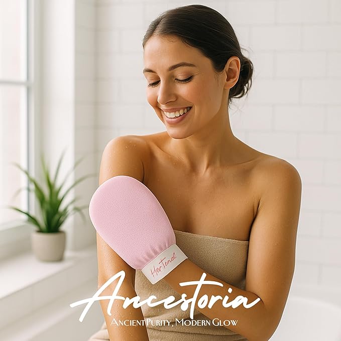 Ancestoria Korean Exfoliating Gloves for Shower, Pink and Black, 2-Pack, Deep Exfoliating Mitts for Body, Reusable and Chemical-Free, A HerTime2 Brand