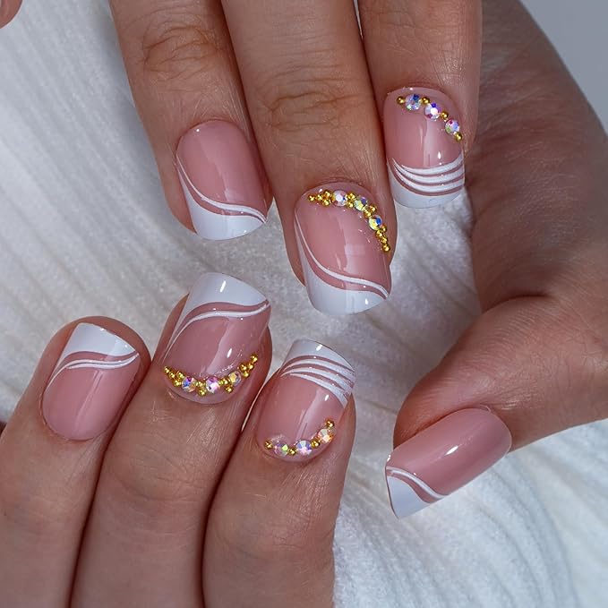 Curvlife Soft Gel Press on Nails Fake Nails with Golden French Design Full Cover False Nails for Women Reusable Nail Kit with Nail Glue Adhesive Tabs Nail File