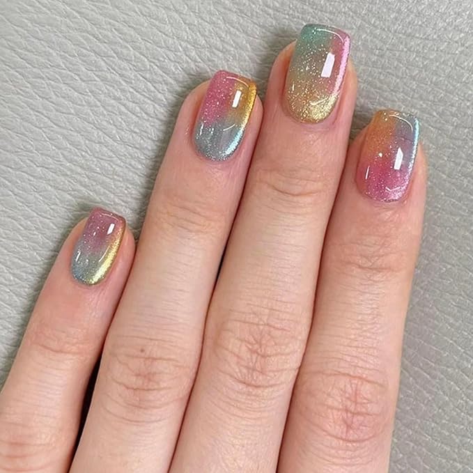 Cat Eyes Press on Nails Medium Square Fake Nails with Green Pink Orange Gradient Designs Glossy Glue on Nails Cute Acrylic Nails for Women 24Pcs