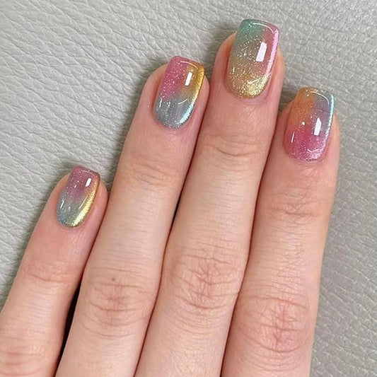 Cat Eyes Press on Nails Medium Square Fake Nails with Green Pink Orange Gradient Designs Glossy Glue on Nails Cute Acrylic Nails for Women 24Pcs