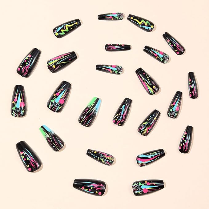 Neon Press on Nails Esports Acrylic Full Cover Fake Nails 24Pcs Glossy Colorful Medium Coffin False Nail Curve Line Gel Glue on Fingernails Graffiti Stick on Nail for Holiday Manicure Art
