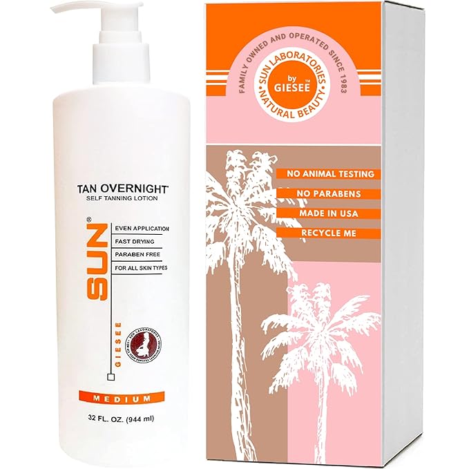 Sun Laboratories By Giesee Tan Overnight Self Tanning Lotion 32 oz - Medium To Dark Self Tanner, Sunless Tanning Lotion, Odorless Long Lasting Tanning Lotion, Instant Tanner Lotion for Face & Body