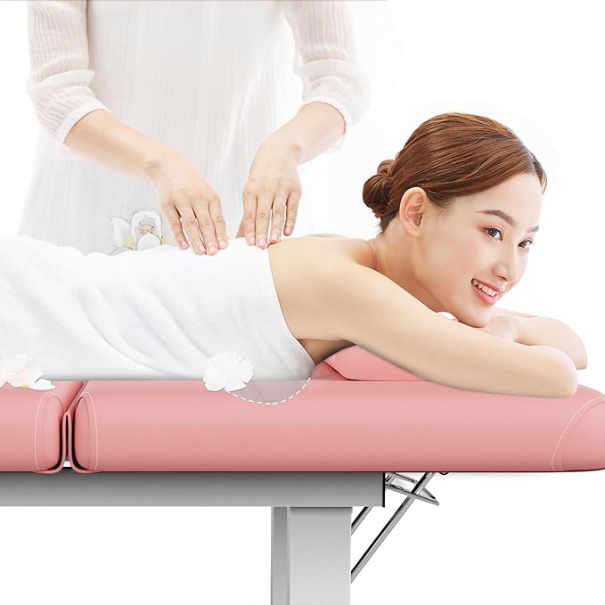 pouseayar Metal Frame Wide Stationary Massage Table for Treatment Table Physical Therapy Table Spa Facial Bed, PU Leather 31.5'' Wide 75'' Long (Pink, Segmented Structure)