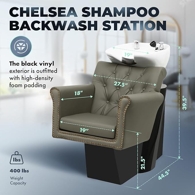 Buy-Rite Chelsea Backwash Unit – Tilting White Porcelain Shampoo Bowl, Gray Tufted Vinyl Chair, Brass Nailhead Trim, Removable Seat Cushion, European Faucet